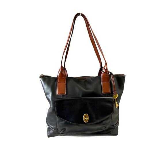 Fossil Vintage Classic Black and Brown Shopper Tote Shoulder Bag - Picture 1 of 14